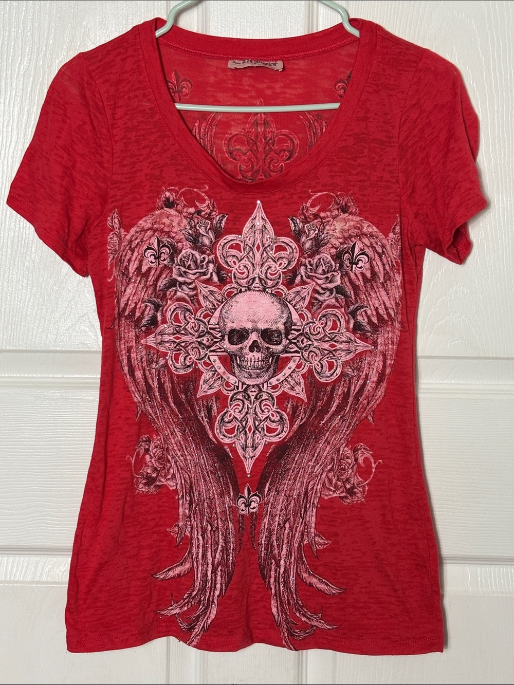 Y2K Red Graphic Skull Wing Rhinestone accent Short Sleeve Burnout T-shirt size L